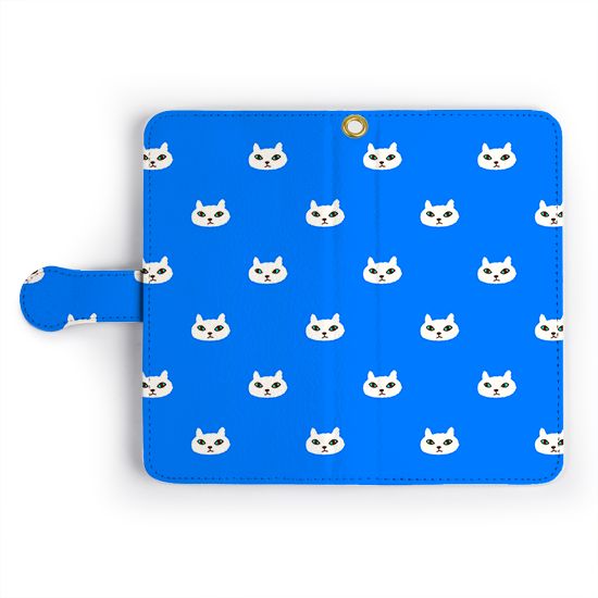 スマホケース 【手帳型】 monozo（モノゾ） イラスト / 白猫（シロネコ） パターン（ブルー）（受注生産品）